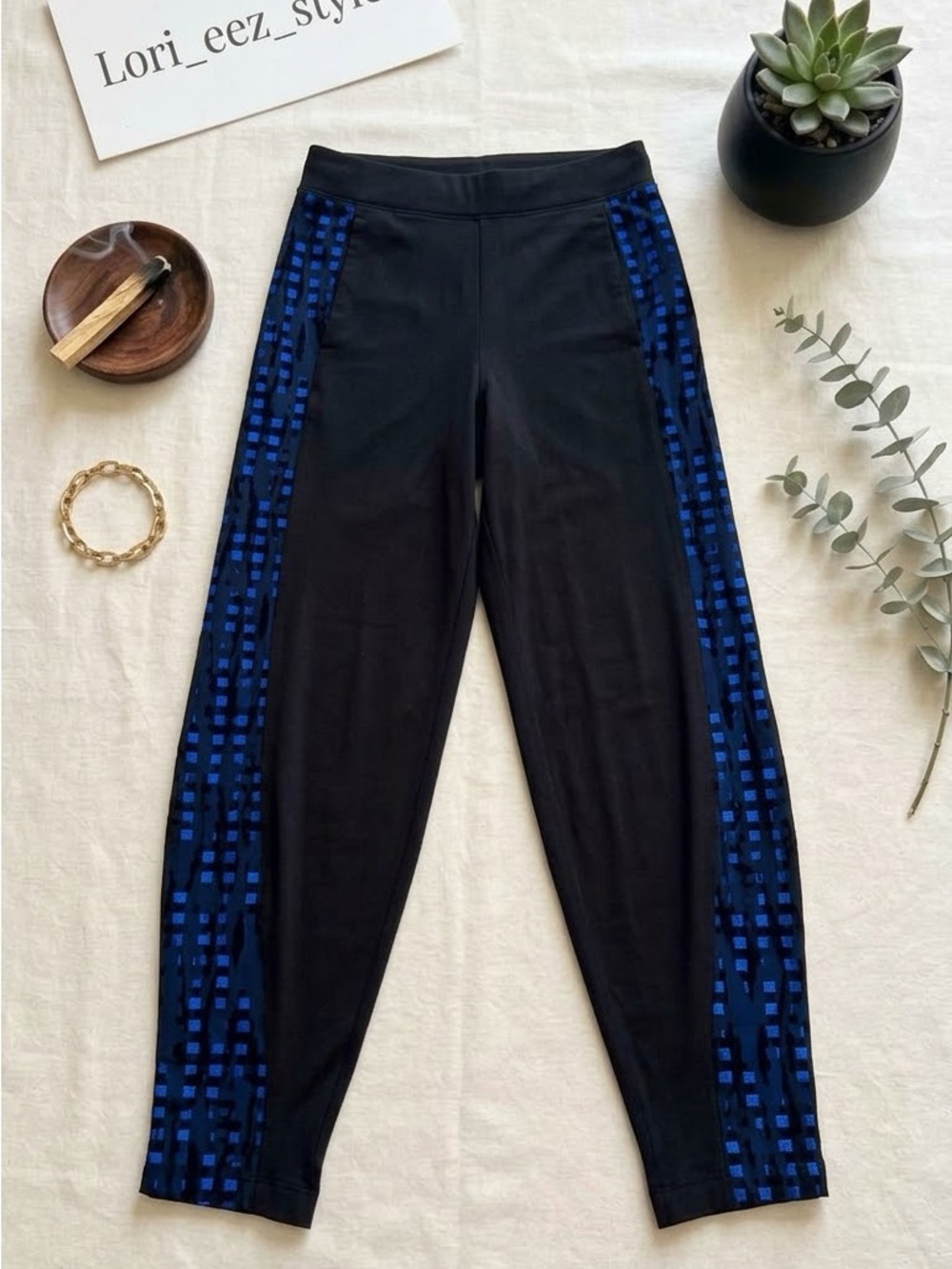 Women’s Black Leggings with Blue Side Panel Accent